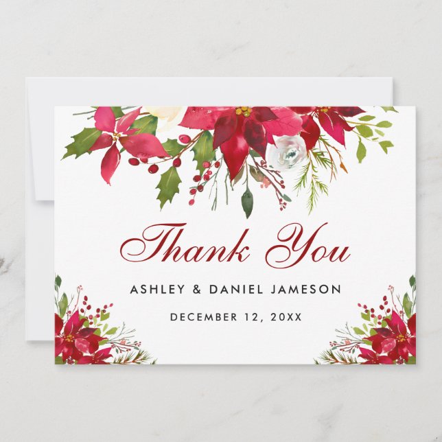Holiday Wedding Poinsettia Floral Red Thank You Card (Front)
