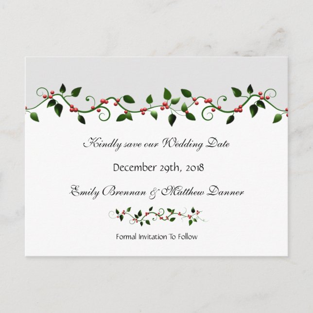 Holiday Wedding Save the Date Red Berry Vine Announcement Postcard (Front)