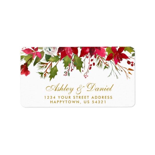 Holiday Wedding Watercolor Floral Poinsettia Gold Label (Front)
