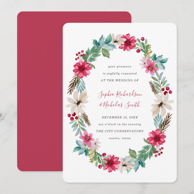 Holiday Wedding | Winter Watercolor Flowers Invitation (Front/Back)