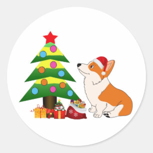 Holiday Welsh Corgi Cartoon with Tree Classic Round Sticker