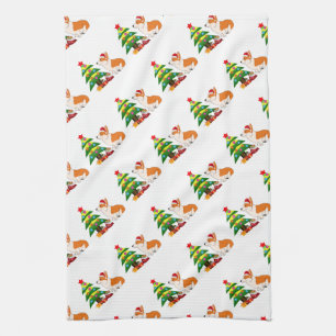 Holiday Welsh Corgi Cartoon with Tree Tea Towel