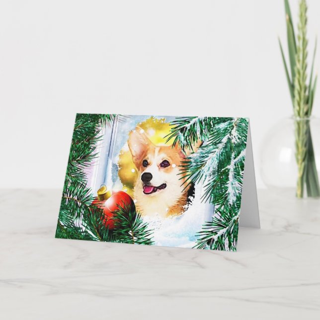 Holiday Welsh Corgi in the Winter Window Card (Front)