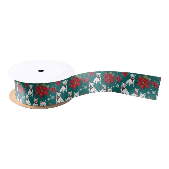 Holiday White Christmas Dogs And Poinsettias Satin Ribbon (Spool)