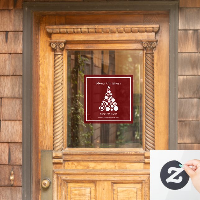 Holiday White Christmas Tree on Maroon Red Window Cling (Home Door)