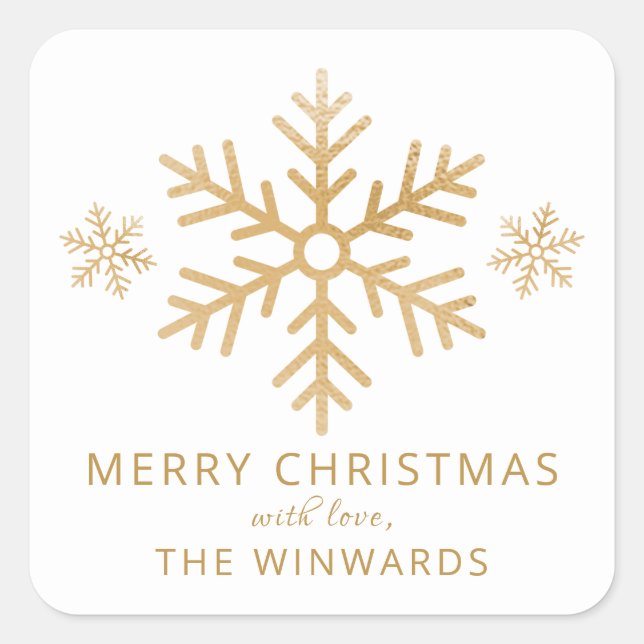 Holiday White & Gold Foil Christmas Snowflake Square Sticker (Front)