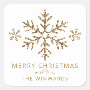 Holiday White & Gold Glitter Christmas Snowflake Square Sticker