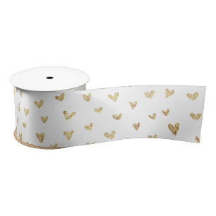 Holiday White Gold Hearts Satin Ribbon