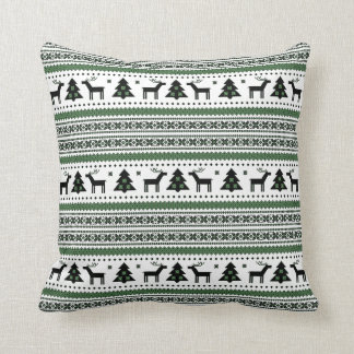 Holiday White Green Reindeer X'mas Tree Fair Isle Cushion