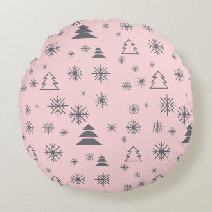Holiday White Snowflakes Christmas Trees Modern Round Cushion
