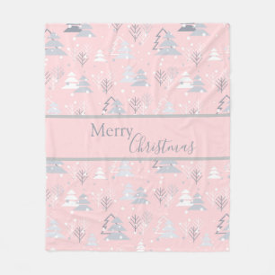 Holiday White Snowflakes Merry Christmas Trees Fleece Blanket
