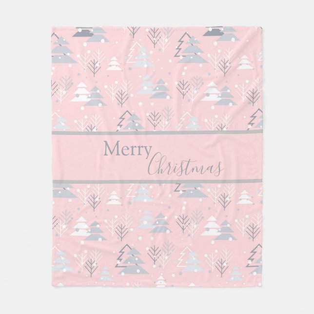 Holiday White Snowflakes Merry Christmas Trees Fleece Blanket (Front)