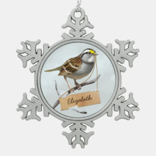 Holiday White throated sparrow Customise Name Snowflake Pewter Christmas Ornament