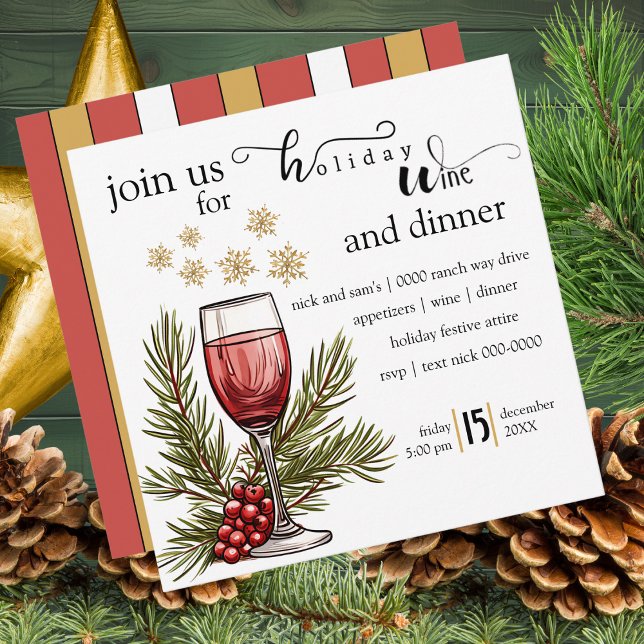 Holiday Wine and Dinner Celebration Party Invitation (Holiday wine and dinner party invitation with snowflakes, wine glass and pine
)