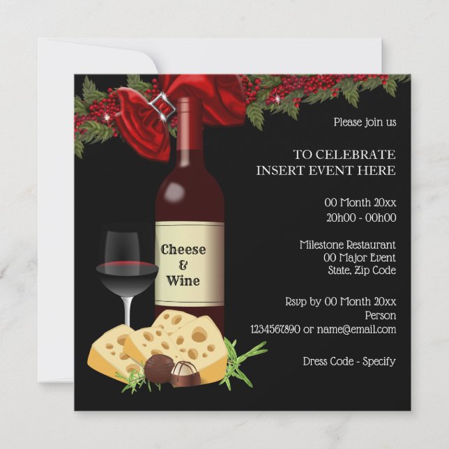 Holiday wine cheese party family friends cocktail invitation (Front)