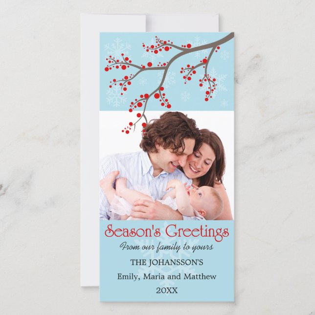Holiday Winter Berry and Snowflakes Photo Cards (Front)