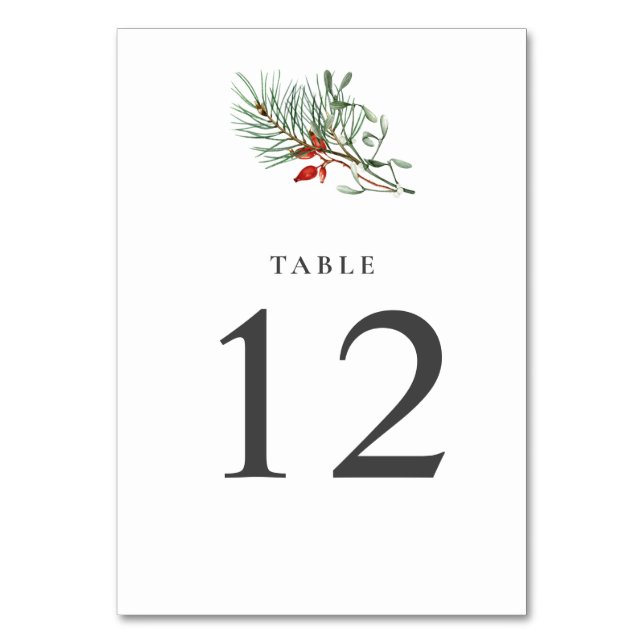 Holiday Winter Botanical Greenery and Berries RSVP Table Number (Front)