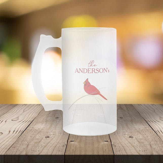 Holiday Winter Elegant Botanical Red Cardinal Frosted Glass Beer Mug (Creator Uploaded)