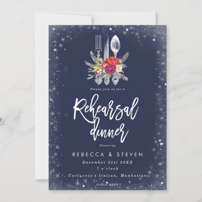 holiday winter floral rehearsal dinner invitation (Front)