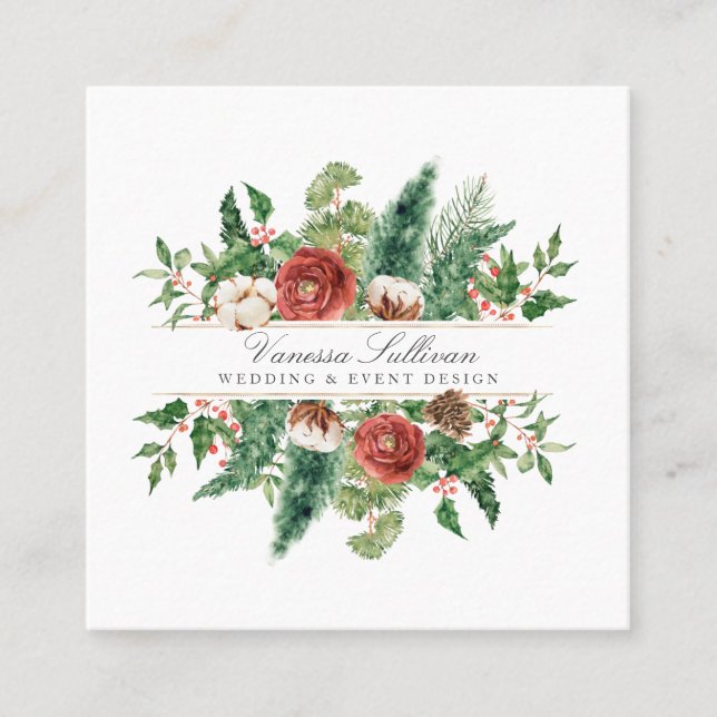 Holiday Winter Floral Square Business Card (Front)