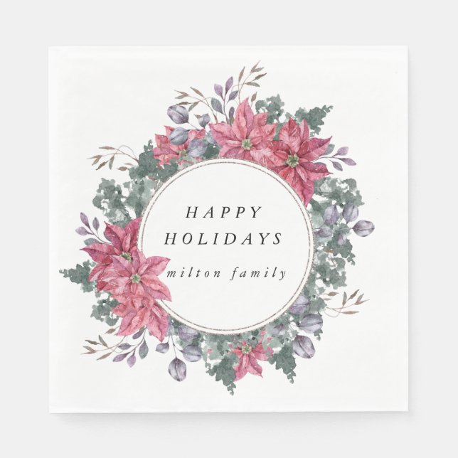 holiday winter floral wreath monogram paper  napkin (Front)
