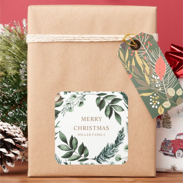 Holiday Winter Greenery Merry Christmas Square Sticker (Holiday)