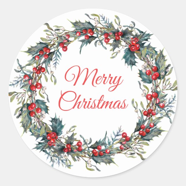 Holiday Winter Mistletoe Berries Christmas Wreath Classic Round Sticker (Front)