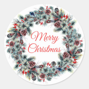 Holiday Winter Pine Cones Christmas Wreath Favour Classic Round Sticker