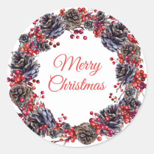 Holiday Winter Pine Cones Christmas Wreath Favour Classic Round Sticker
