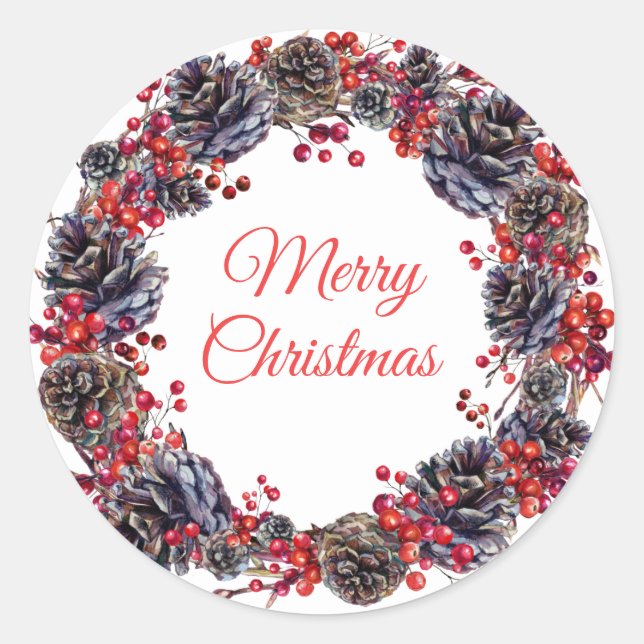 Holiday Winter Pine Cones Christmas Wreath Favour Classic Round Sticker (Front)