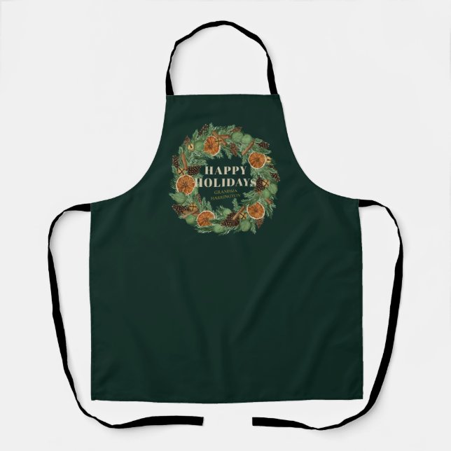 Holiday Winter Pine Dried Orange Wreath Name Apron (Front)