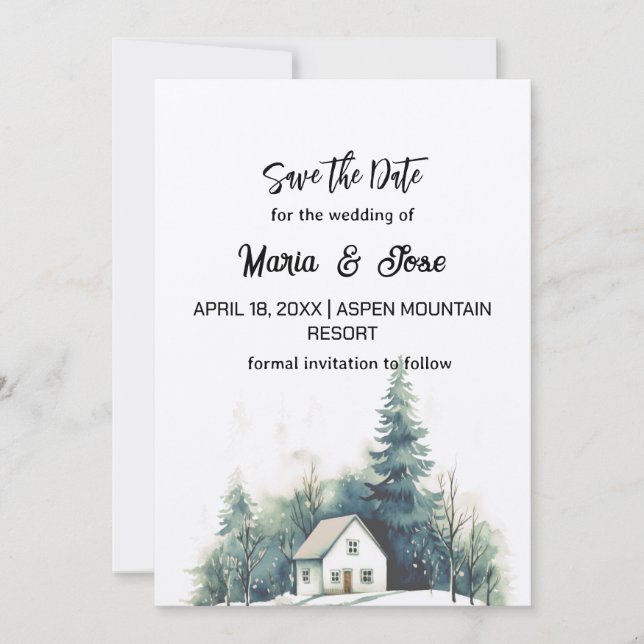 Holiday Winter Pine House Hill Trees Save the Date Invitation (Front)