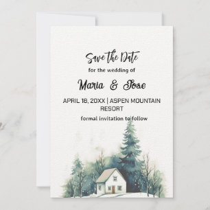 Holiday Winter Pine House Hill Trees Save the Date Invitation