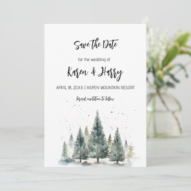 Holiday Winter Pine Trees Save the Date Watercolor Invitation (Standing Front)