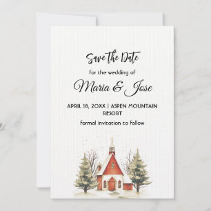 Holiday Winter Red Church Pine Trees Save the Date Invitation
