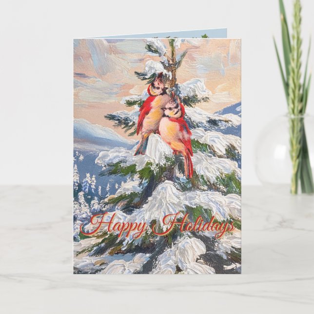 Holiday Winter Tree with Two Red Birds Card (Front)