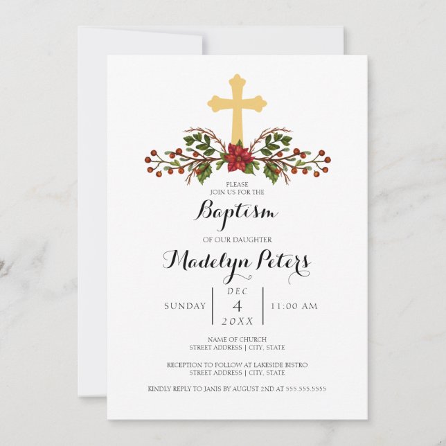 Holiday Winter Wreath Gold Cross Baptism Invitation (Front)