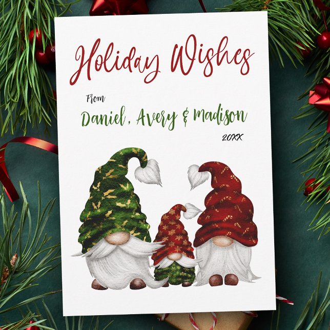 Holiday Wishes Rustic Family Watercolor Gnomes Card (Available in high quality print or digital download for quick text messaging, email or self print.)