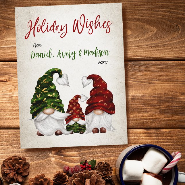 Holiday Wishes Rustic Watercolor Gnome Family Postcard (Creator Uploaded)