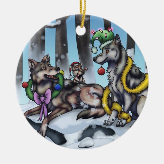 Holiday Wolves Ceramic Tree Decoration (Front)