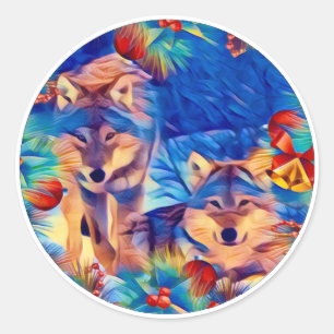 Holiday Wolves Classic Round Sticker