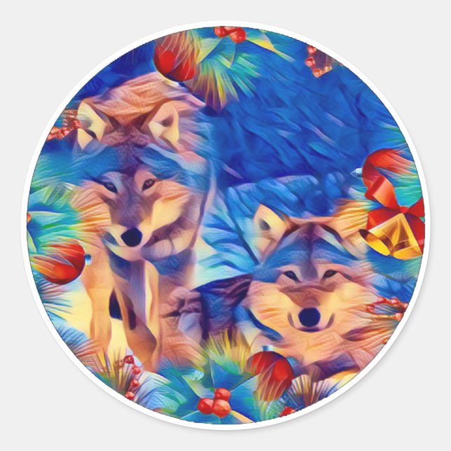 Holiday Wolves Classic Round Sticker (Front)