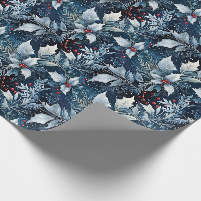 Holiday Wrapping Paper Blue Frosted Holly (Corner)