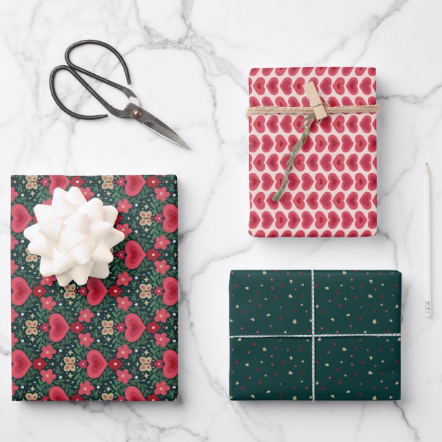 Holiday Wrapping Paper Set – Hearts, Flowers, Dots (Front)