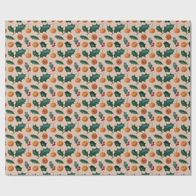Holiday Wrapping Paper with Fruit & Holly, Pink (Flat)