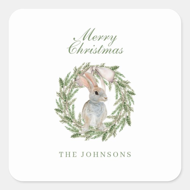 Holiday Wreath Bow Adorable Bunny Rabbit Christmas Square Sticker (Front)