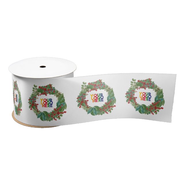 Holiday Wreath Business Logo Christmas  Satin Ribbon (Spool)