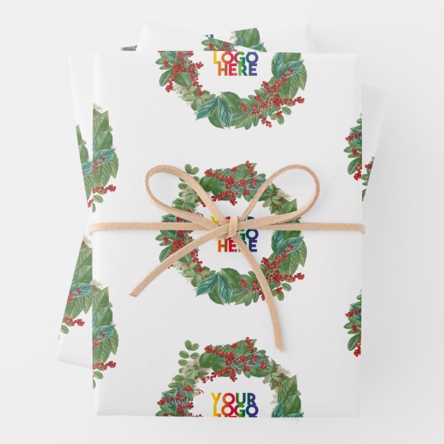 Holiday Wreath Business Logo Christmas  Wrapping Paper Sheet (In situ)
