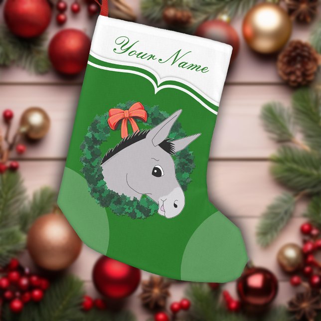 Holiday Wreath Donkey Red Ribbon Personalised Small Christmas Stocking (Holiday Wreath Donkey Red Ribbon Personalized Small Christmas Stocking)