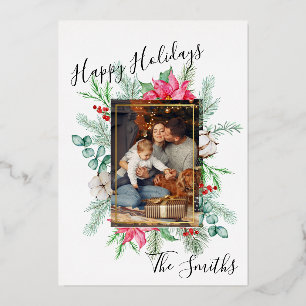 Holiday Wreath Gold Foil Christmas Card with Photo